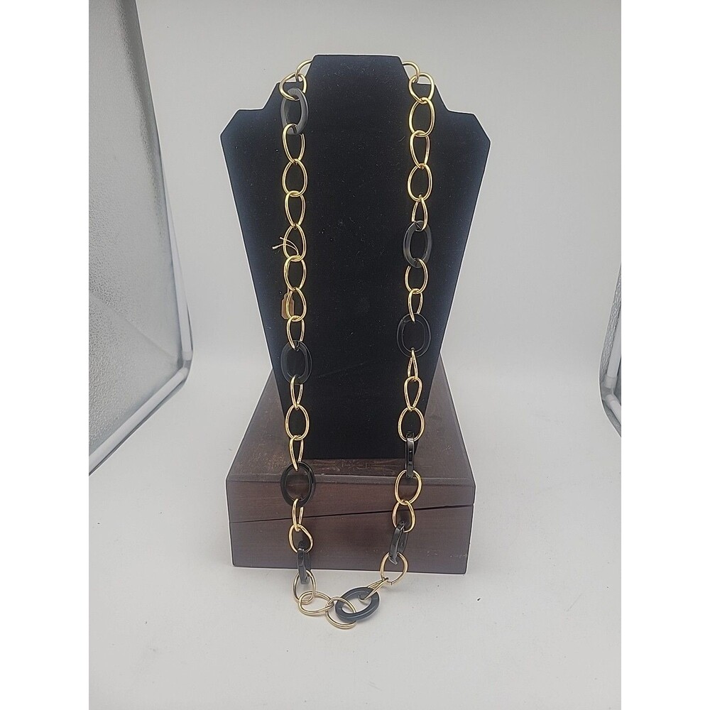 Vtg Black Onyx And 10K Plated 36" Gold Long Statement Necklace Chain Link